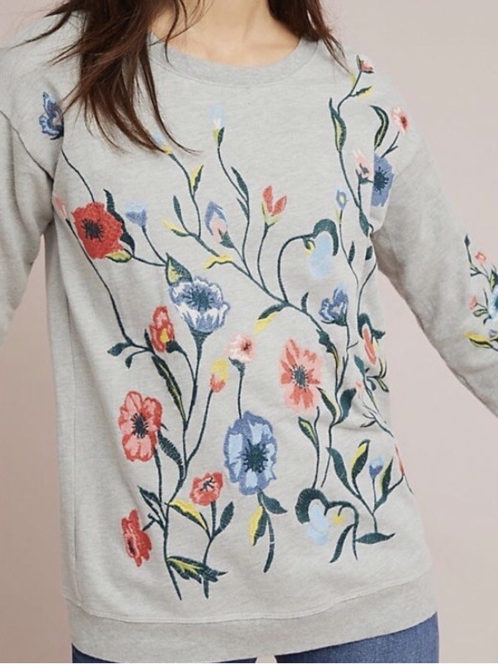 Sundry Floral Embroidered Crewneck Sweatshirt Light Gray with Multicolor Flowers